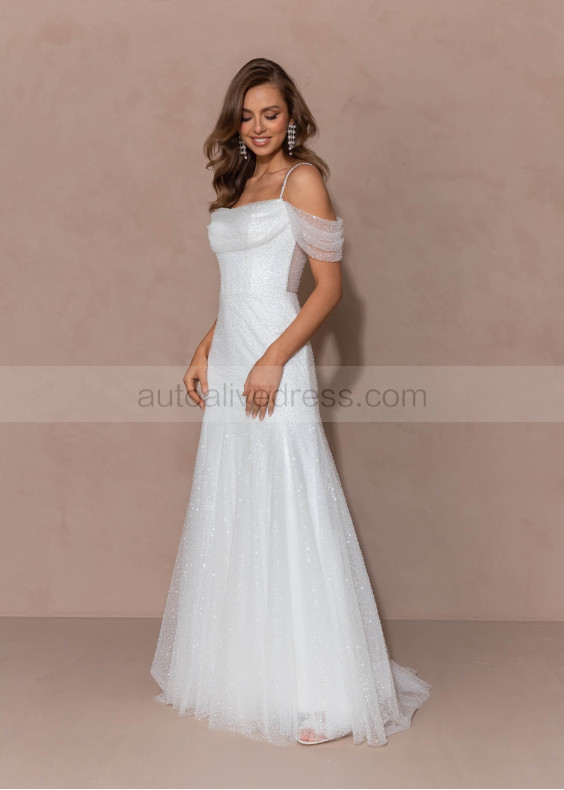 Ivory Glitter Lace V Back Wedding Dress With Detachable Straps Ivory Glitter Lace V Back Wedding Dress With Detachable Straps